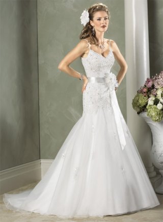 A-line Spaghetti V-neck Organza Lace Wedding Dresses(MZ0576) (ST0089)