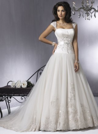 A-line Strapless Cap Sleeve Tulle Lace Wedding Dresses(MZ0630) (ST0081)