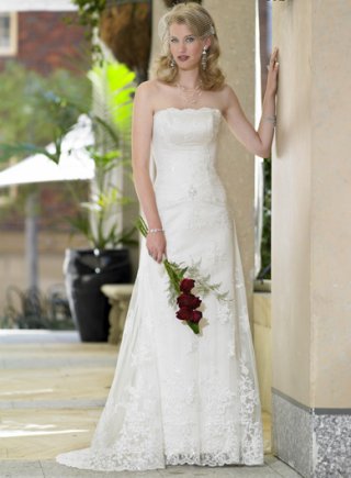 Slim-line Sweep Train Lace Over Satin Wedding Dresses (ST0076)