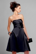 Black Strapless Knee length Sash Floral chiffon Satin Bridesmaid Dress (BOTS0642)