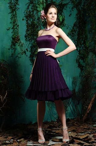 Amethyst Strapless Tea length Sash Chiffon Matte Satin Empire Bridesmaid Dress (BOTS0520)