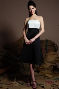 Black Strapless Tea length Matte Satin A-line Bridesmaid Dress (BOTS0505)