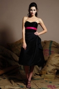 Black Strapless Tea length Sash Matte Satin Empire Bridesmaid Dress (BOTS0504)
