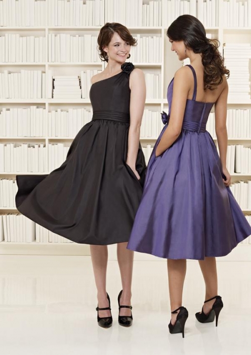 Asymmetric Strap Tea length Sash Taffeta A-line Bridesmaid Dress (BOTS0654)