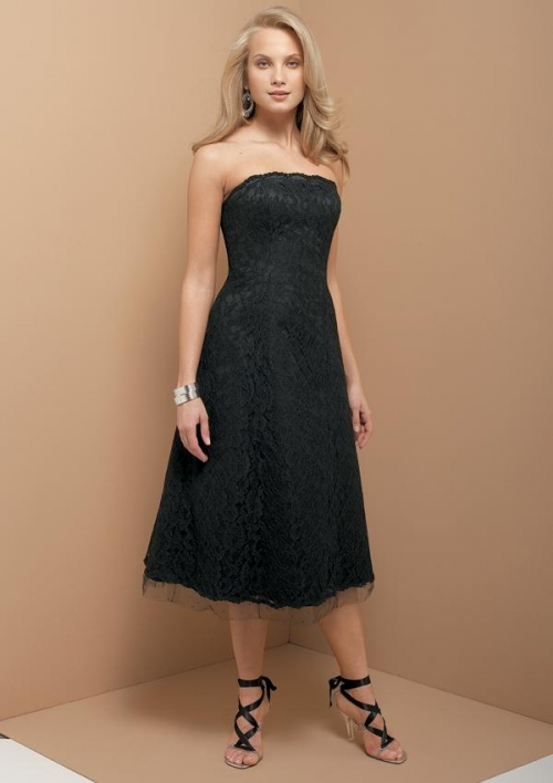 Black Tea length Strapless Lace Beaded Bridesmaid Dress (BOTS0665)