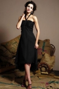 Black Halter top Tea length Beaded Chiffon A-line Bridesmaid Dress (BOTS0501)
