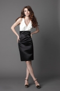 Black/White V-neck Band Chiffon Satin Sheath Bridesmaid Dress (BOTS0620)