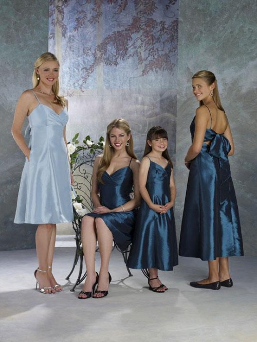 Blue Spaghetti straps Knee length Sash Taffeta A-line Bridesmaid Dress (BOTS0481)