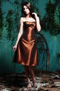 Bronze Sweetheart Strapless Tea length Taffeta A-line Bridesmaid Dress (BOTS0305)