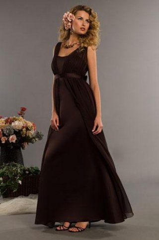 Brown Squre Straps Full length Belt Chiffon Matte Satin Bridesmaid Dress (BOTS0319)