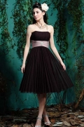 Chocolate Strapless Tea length Beaded Chiffon Matte Satin Empire Bridesmaid Dress (BOTS0517)