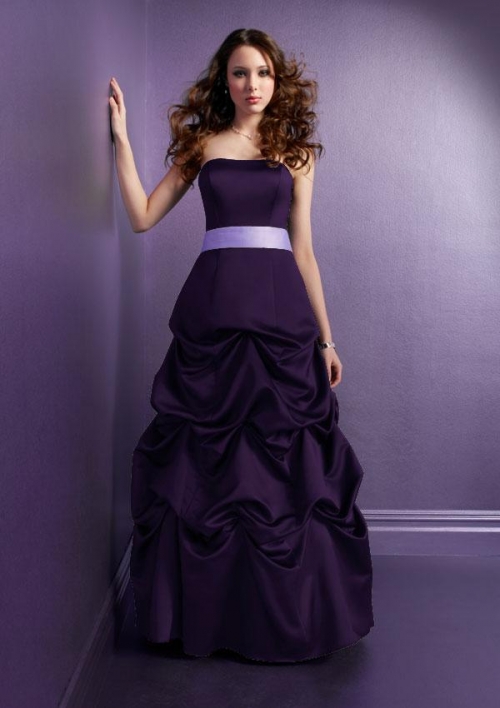 Full length Strapless Amethyst Satin Sash Ruffles Bridesmaid Dress (BOTS0663)