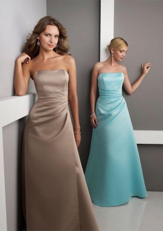 Full length Strapless Draping Bodice Satin Bridesmaid Dress (BOTS0660)