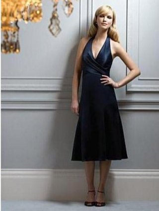 Halter-top Sleeveless Tea-length Satin Bridesmaid Dress (BOTS0470)