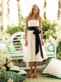 Ivory Strapless Tea -length Black Belt Taffeta Bridesmaid Dress (BOTS0687)