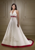 Halter Empire Waist Embroidery Red and White Wedding Dress