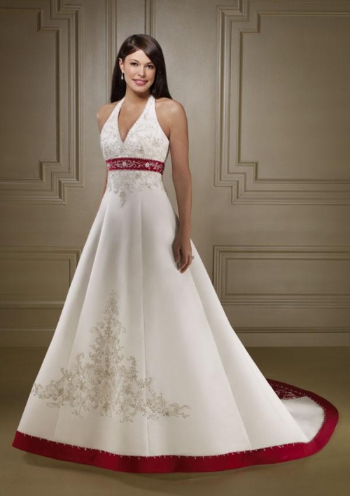 Halter Empire Waist Embroidery Red and White Wedding Dress