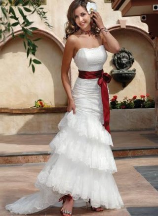 White Mermaid/Trumpet Sexy Cascading Wedding Dress Red Sash