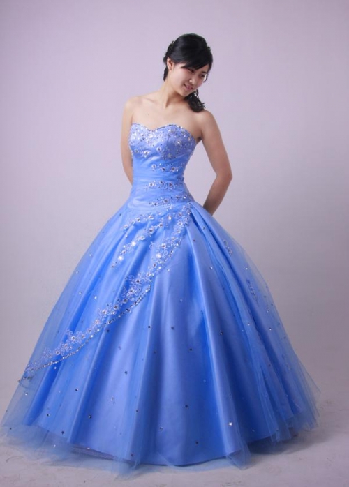 Blue Sweetheart Neckline Beaded Crystal Satin Ball Wedding Dresses