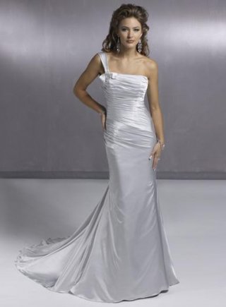 Silver One Shoulder Straps Crystal Satin Sheath Simple Wedding Dress