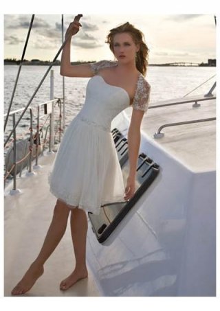 Short Beach Strapless Beaded Lace Destination Wedding Dress