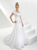 Embroideried Beaded Satin Organza Modest Wedding Dress With Sleeves