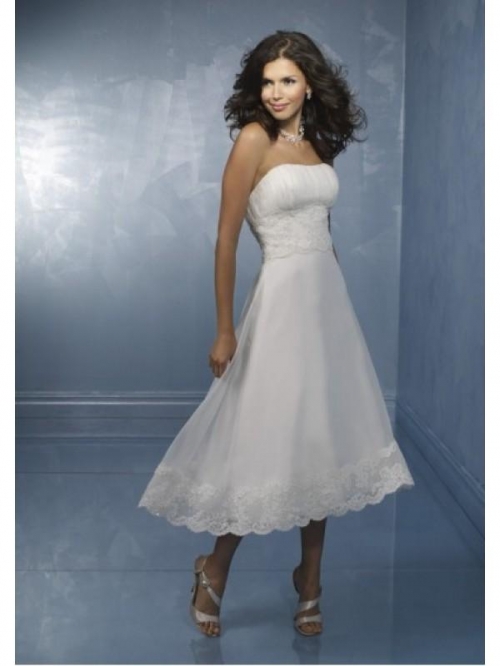 Strapless Tea length Satin Lace Princess Designer Wedding Dress