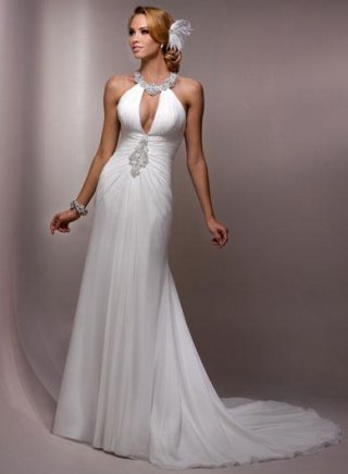 Sexy Halter neckline Beaded Chiffon Sheath Wedding Gown
