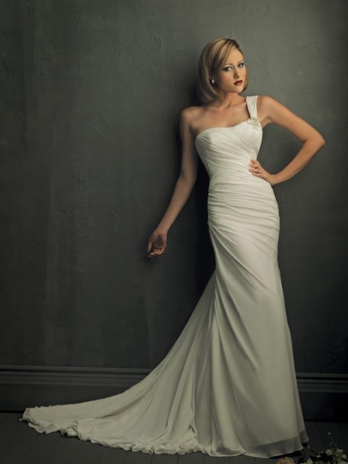Ivory One Shoulder Beaded Chiffon Sheath Unique Wedding Dress