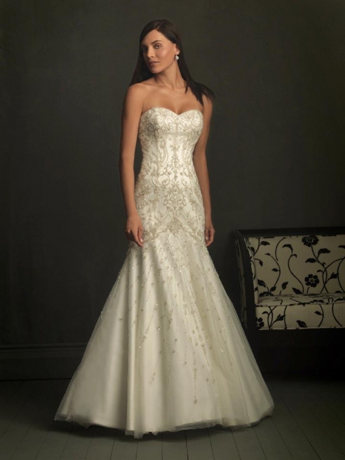 Ivory Strapless Embroideried Sheath Unique Wedding Dresses