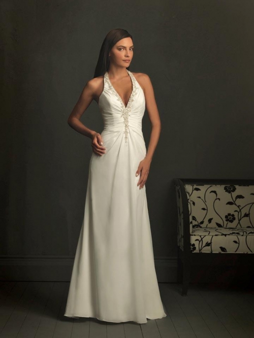Halter Top Embroidery Beaded Chiffon Sheath Wedding Dress