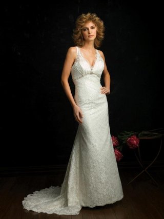 V-neck Satin Taffeta Lace Beaded Sheath Wedding Dress