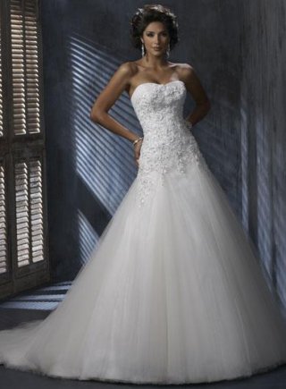 Strapless Applique Lace Tulle A-line Corset Wedding Dress