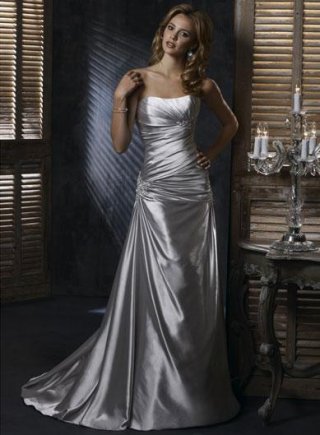 Silver Strapless Beaded Satin A-line Silhouette Corset Wedding Dress