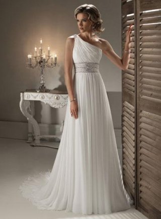 Ivory One Shoulder Beaded Chiffon A-line/Princess Wedding Dress