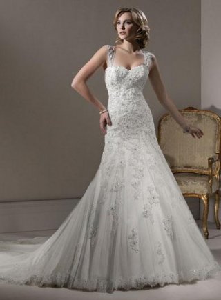 Ivory Applique Lace Beaded Tulle A-line Wedding Dress