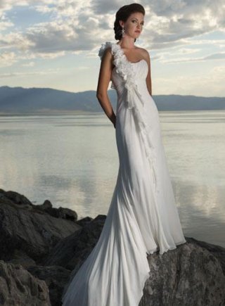 One Shoulder Flowers Chiffon Destination Wedding Dress