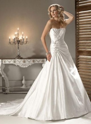 Scoop Dipped neckline Beaded Satin A-line Wedding Dress