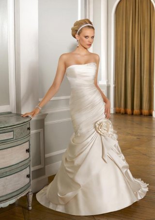 Champagne Satin Floral Slim Wedding Dress
