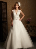 V neck Lace Organza Flowers A line Wedding Dress
