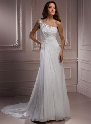 One Shoulder Embroidery Beading Chiffon Corset Wedding Gown