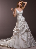 V neck A line Lace Ruffled Satin Designer Wedding Gown