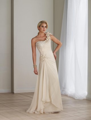 Champagne Wedding Dresses Long Flower Appliques One Shoulder