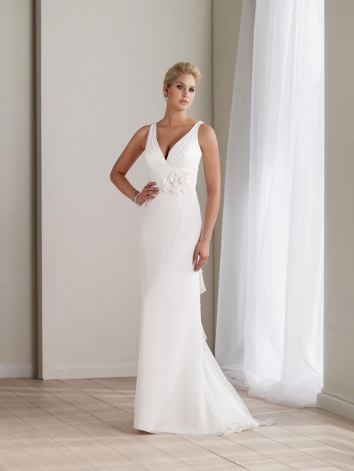 Long Wedding Gown Ivory Flower Ruffles Chiffon V-neck