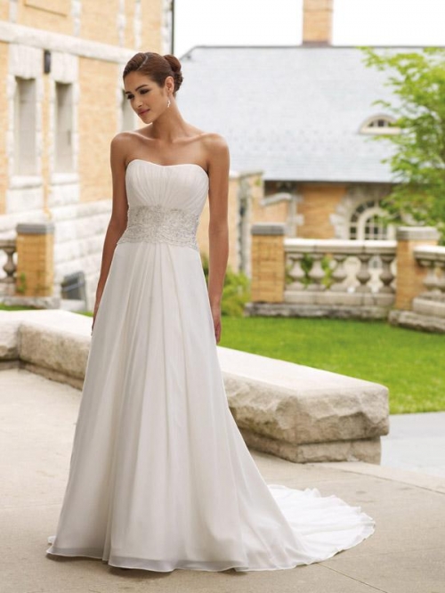 Strapless Beaded Chiffon A-line Simple Wedding Dress