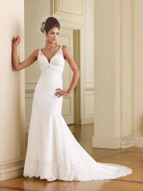 Ivory V-neck Beaded Satin Lace A-line/Princess Wedding Dress