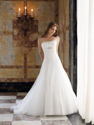 A-line/Princess Strapless Beaded Satin Tulle Bridal Dress