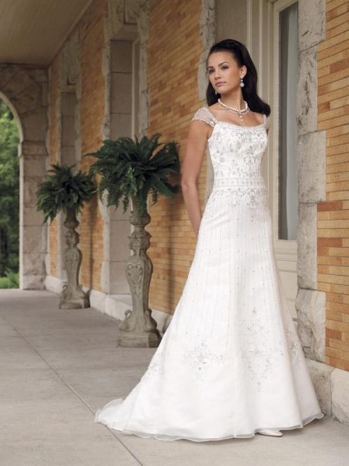 Bateau Beaded A-line Organza Wedding Dress With Sleeves