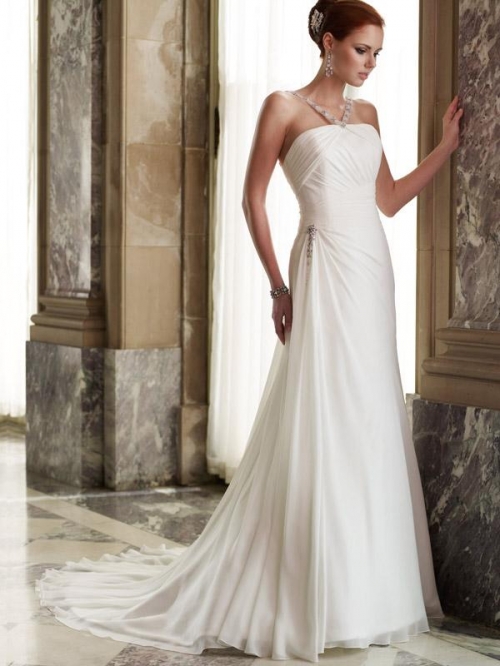 V-straps Beaded Chiffon A-line/Princess Simple Wedding Gown
