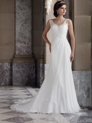 V-neck Beaded Chiffon Satin A-line/Princess Simple Wedding Dress
